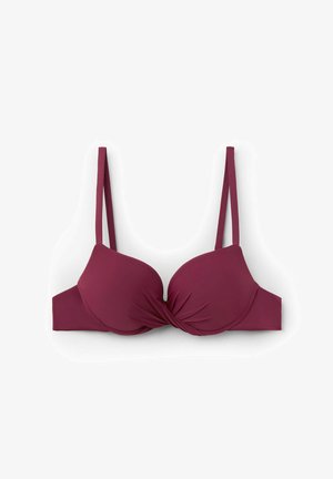 Sujetador burdeos con aros y diseño de frente retorcido, tirantes ajustables y textura de tela suave. Diseñado para ofrecer soporte y comodidad.