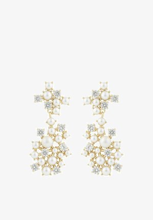 Gold-tone earrings featuring clusters of white pearls and clear stones, with a geometric design and intricate detailing.