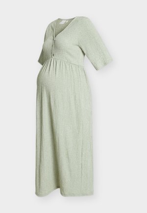 Lysegrønn teksturert graviditetskjole med korte ermer, V-hals, knapper foran og innsvinget midje for en avslappet passform.