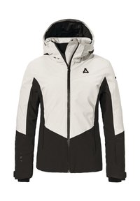 Skijacke mit einem weißen oberen Bereich und einem schwarzen unteren Abschnitt, mit Reißverschluss, Kapuze und diagonaler Farbblockgestaltung. Hergestellt aus Outdoor-Stoff.