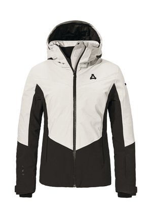 Skijacke mit einem weißen oberen Bereich und einem schwarzen unteren Abschnitt, mit Reißverschluss, Kapuze und diagonaler Farbblockgestaltung. Hergestellt aus Outdoor-Stoff.
