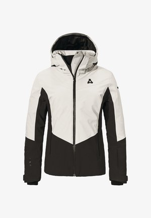 Skijacke mit einem weißen oberen Bereich und einem schwarzen unteren Abschnitt, mit Reißverschluss, Kapuze und diagonaler Farbblockgestaltung. Hergestellt aus Outdoor-Stoff.