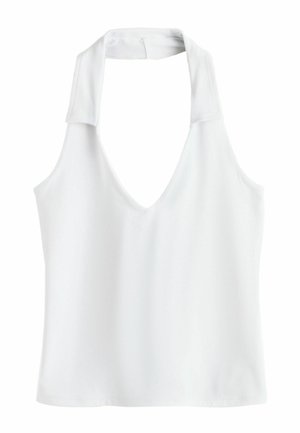 Biely tielkový halter top s hlbokým výstrihom do V a širokým popruhom na krk, vyrobený z hladkej, ľahkej látky.
