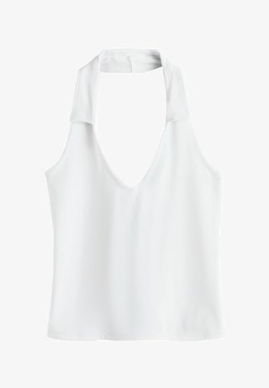 Biely tielkový halter top s hlbokým výstrihom do V a širokým popruhom na krk, vyrobený z hladkej, ľahkej látky.