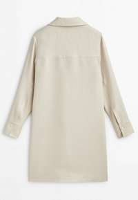 Beige Hemdblusenkleid mit langen Ärmeln, spitzem Kragen und geknöpften Manschetten, von hinten auf weißem Hintergrund dargestellt.