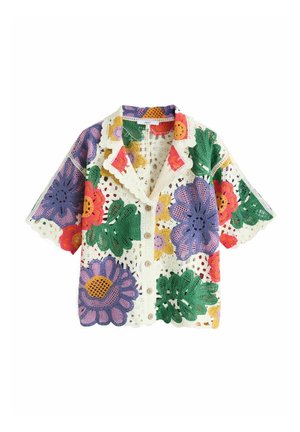 Häkel-Kurzarm-Button-up-Hemd mit mehrfarbigen Blumenmustern in Lila, Grün, Rot, Gelb und weißen, gezackten Kanten.