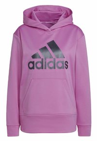 Hoodie rose fabriqué en tissu doux. Présente une poche avant, des poignets côtelés et un logo Adidas noir affiché en évidence sur la poitrine.