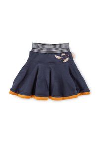 Gonna svasata blu navy con orlo arancione, fascia elastica a righe e disegni di piume beige vicino alla vita.
