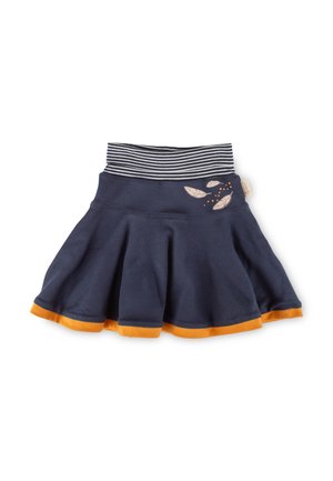 Marineblaue, ausgestellt Skirt mit orangefarbenem Saum, gestreiftem elastischem Bund und beigen Federdesigns in der Nähe der Taille.
