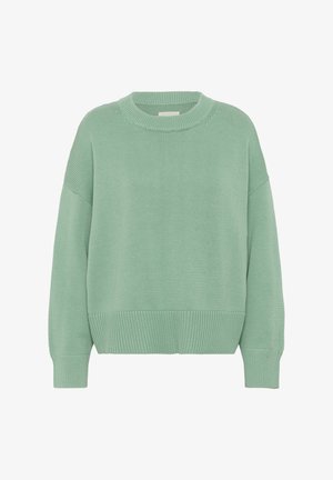 Soft, knitted pullover in mint green. Features a round neckline, relaxed fit, and ribbed cuffs and hem. Textured surface with a cozy appearance.