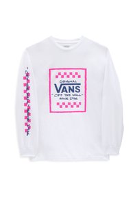 Bílá dlouhá trička s dlouhým rukávem, která na přední straně a rukávu obsahují velké logo Vans v růžové a modré barvě s kostkovanými akcenty. Bavlněný materiál.