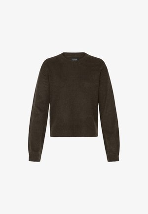 Olajzöld kötött pulóver kerek nyakkivágással, hosszú ujjal és rövidített aljjal. Az egész felületén textúrázott bordázott minta található.