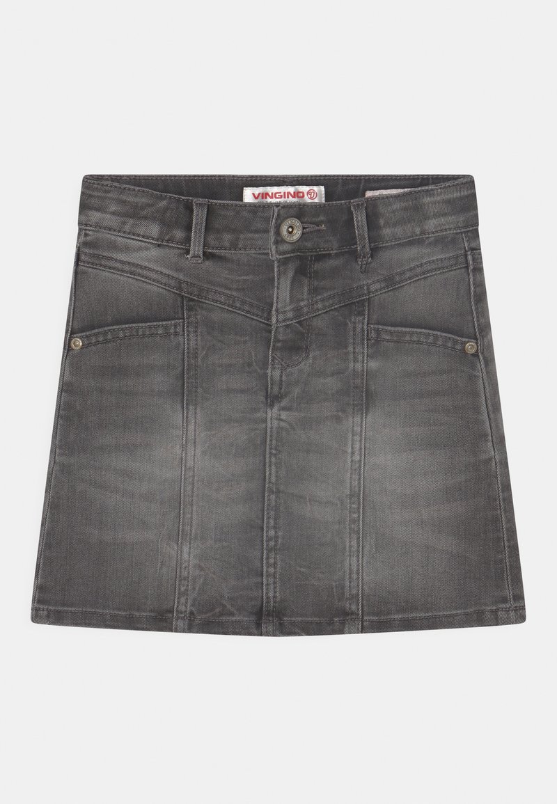 Grå denimkjol med rak skärning, framfickor, kontrasterande sömmar och knäppning i midjan.