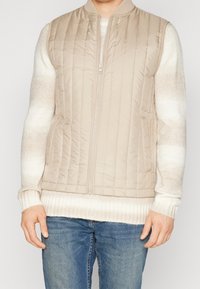 Man i beige vadderad väst över vit och beige randig tröja samt blå jeans, stående mot neutral bakgrund.