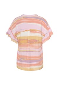 Top a maniche corte con strisce color pastello in rosa, pesca e lavanda. Presenta maniche arricciate e una vestibilità rilassata. Texture morbida.