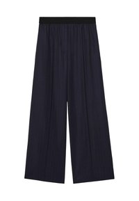 Marineblau gestreifte weit geschnittene Hose mit einem schwarzen elastischen Bund, die einen lockeren Sitz und eine weiche Stofftextur bietet.