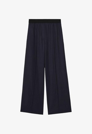 Marineblau gestreifte weit geschnittene Hose mit einem schwarzen elastischen Bund, die einen lockeren Sitz und eine weiche Stofftextur bietet.