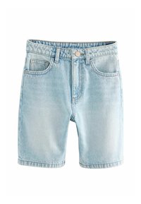 Lys blå denim shorts med standard talje, fem lommer og knaplukning. Har en falmet tekstur og syede kanter.