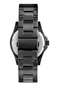 Schwarze Edelstahl-Uhr mit einem glatten Armband, das ein rundes Gehäuse, strukturierte Akzente und ein Glasdisplay aufweist, das den inneren Mechanismus zeigt.