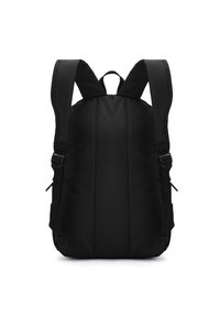 Zaino nero con spallacci imbottiti e regolabili, tessuto liscio, tasche con zip sui lati e un design minimalista con cuciture verticali.