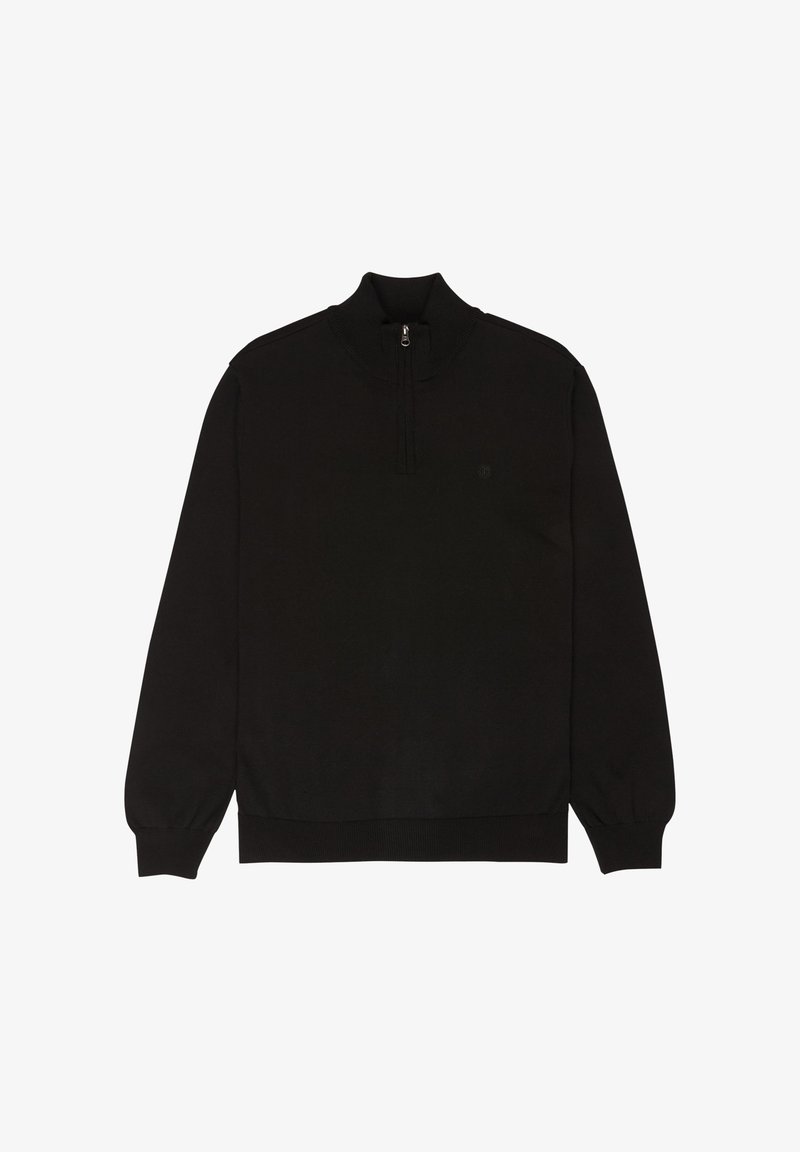 Czarny sweter z półkurtką, z kołnierzem na ćwierć zamka błyskawicznego, ściągaczami przy mankietach i dolnej krawędzi, wykonany z miękkiego materiału o minimalistycznym designie i bez widocznych logo.
