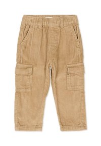 Spodnie sztruksowe w jasnobrązowym kolorze z teksturowanym żebrowanym wzorem. Posiadają elastyczny pasek w talii oraz dwie boczne kieszenie z kieszeniami typu cargo na udach.