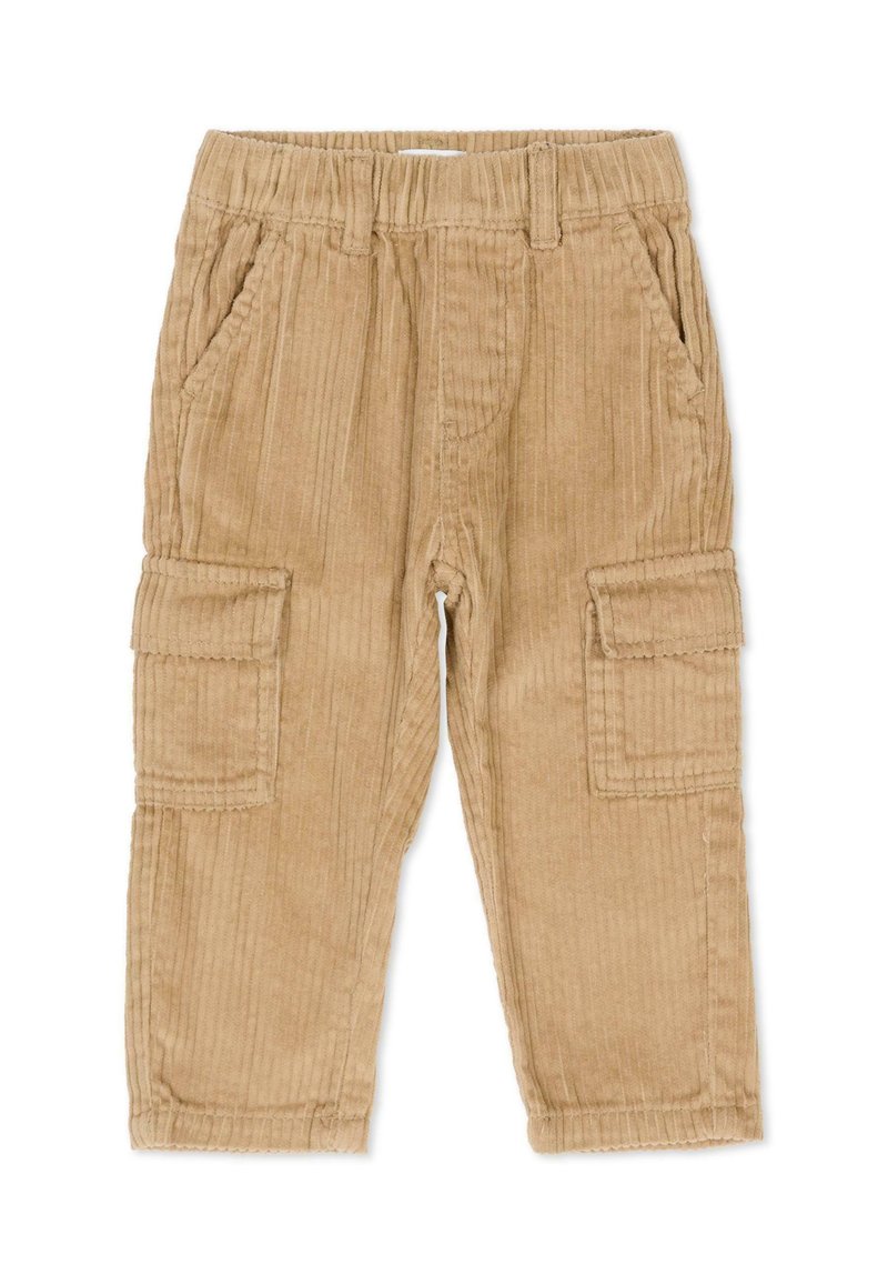 Spodnie sztruksowe w jasnobrązowym kolorze z teksturowanym żebrowanym wzorem. Posiadają elastyczny pasek w talii oraz dwie boczne kieszenie z kieszeniami typu cargo na udach.