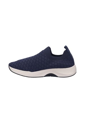 Navy slip-on shoe with quilted fabric upper, flexible sole, rounded toe, and minimal accent detailing. Suitable for casual wear.