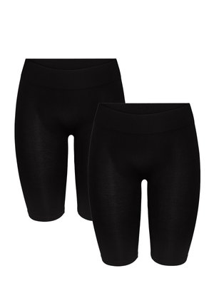 Twee paar effen zwarte, rekbare biker shorts tot op de knie met brede elastische taillebanden, voorkant afgebeeld tegen een witte achtergrond.