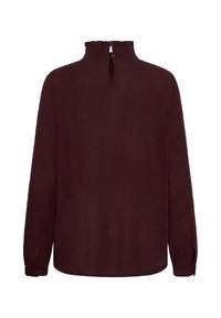 Blouse manches longues bordeaux foncé avec col haut froncé et fermeture goutte d'eau au dos, avec poignets boutonnés.