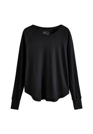 Maglietta nera a maniche lunghe realizzata in tessuto morbido con scollo rotondo e maniche raglan. Presenta una vestibilità comoda e un orlo leggermente curvo.