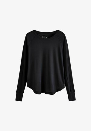 Schwarzes langärmeliges Shirt aus weichem Stoff mit rundem Ausschnitt und Raglanärmeln. Verfügt über eine lockere Passform und einen leicht geschwungenen Saum.