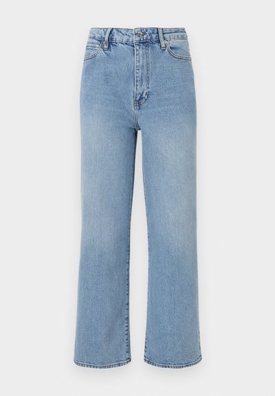 Light blue denim wide-leg jeans with a high waist, five-pocket design, and contrasting stitching on the edges.
