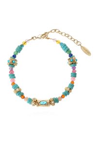 Bracelet en perles avec des accents turquoise, rose, vert et doré. Comprend des perles rondes et en forme de disque, avec un centre texturé en or.