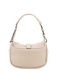 Borsa a mano in pelle beige con design curvo, manico corto, dettagli neri e una chiusura metallica nella parte superiore. Texture liscia, dettagli di cucitura minimi.