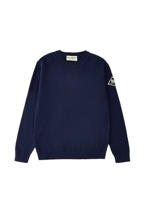 Maglione blu navy a maniche lunghe con girocollo, polsini e orlo a coste, con etichetta Roy Roger's all’interno del collo e patch con logo sulla manica sinistra.