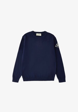 Maglione blu navy a maniche lunghe con girocollo, polsini e orlo a coste, con etichetta Roy Roger's all’interno del collo e patch con logo sulla manica sinistra.