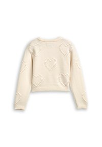 Cremfarbener Pullover mit einem verkürzten Design, der strukturierte Herzmuster sowie gerippte Bündchen und Saum aufweist. Weiches Strickmaterial.