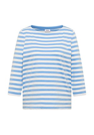 Chemise à manches longues avec rayures horizontales bleues et blanches et un col rond, étiquetée "Cecil" à l'intérieur du col.