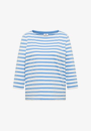 Chemise à manches longues avec rayures horizontales bleues et blanches et un col rond, étiquetée "Cecil" à l'intérieur du col.