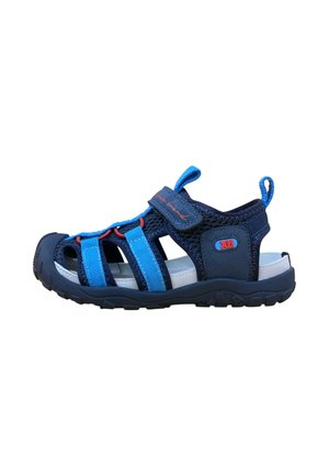 Sandalia azul marino y azul con puntera cerrada, correa ajustable, malla transpirable y suela resistente para actividades al aire libre.