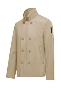 Giacca beige doppiopetto con colletto alto, realizzata in tessuto liscio, con sei bottoni frontali, due tasche laterali e una patch con logo.