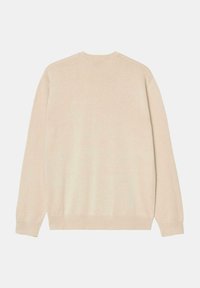 Suéter de punto beige con mangas largas, cuello redondo y puños acanalados. Textura suave, material ligero y sin patrones o acentos visibles.
