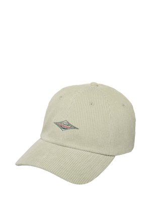 Hellbeige Cord-Baseballkappe mit gebogenem Schirm und kleinem, diamantförmigem, aufgesticktem Logo auf dem Vorderteil.