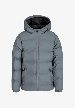 Siva puffer jakna s kapuljačom, koja ima prednji zip, dva bočna džepa sa zipom i odjeljke s prešanim punjenjem za izolaciju.