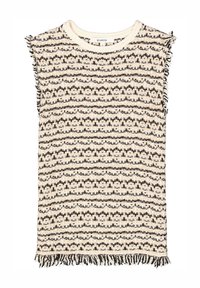 Ärmelloses Stricktop in Creme mit schwarzen horizontalen Streifen, ausgestattet mit einem fransigen Saum und strukturiertem Muster. Der Stoff hat ein lässiges Erscheinungsbild.