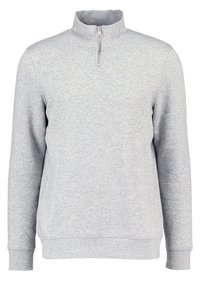 Ljust grå sweatshirt med långa ärmar, halvdragkedja och ribbade muddarna. Tillverkad av mjukt tyg med en slät textur.