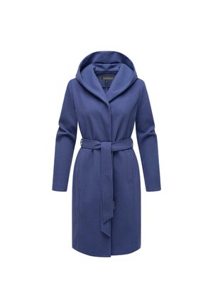 Lange blauwe jas met een capuchon, ceintuur om de taille, lange mouwen en twee zijzakken. Gemaakt van een zachte, textuurrijke stof met een getailleerde pasvorm.