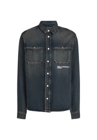 Mørkeblå denimjakke med knappestolpe foran, to brystlommer, spiss krage og hvit "KARL LAGERFELD JEANS" brodering.
