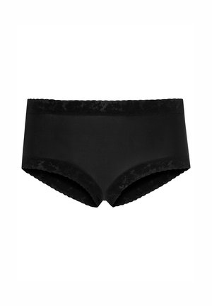 Sorte boyshorts lavet af glat stof, med en blomstret blondekant og bølgede kanter for en tekstureret detalje.